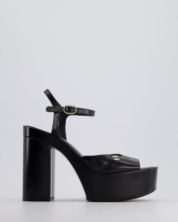 Pearl Street Bags Chanel Black Shiny Calfskin Platform High Sandal with CC Logo EU 38.5C