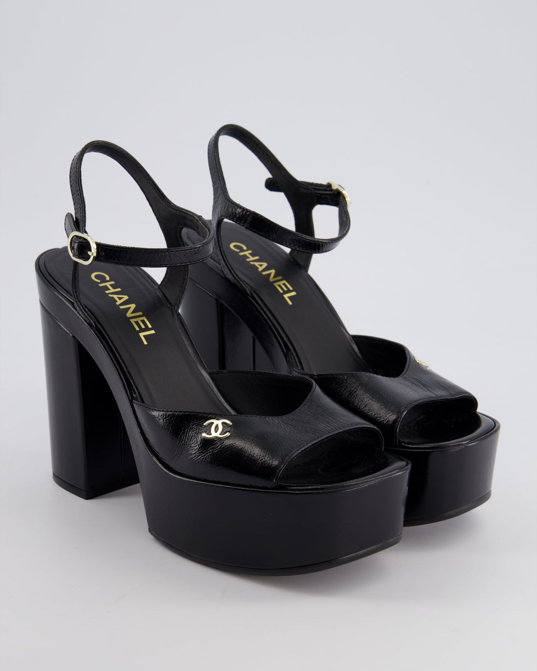 Pearl Street Bags Chanel Black Shiny Calfskin Platform High Sandal with CC Logo EU 38.5C