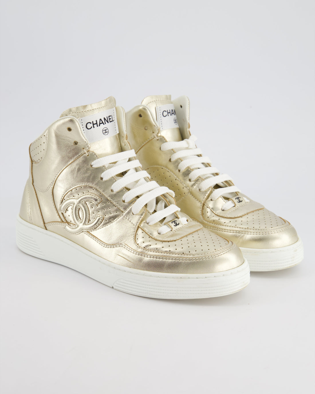 Chanel 24C Metallic Gold High Sneakers in CalBNkin Leather with Logo Detail Size EU 39