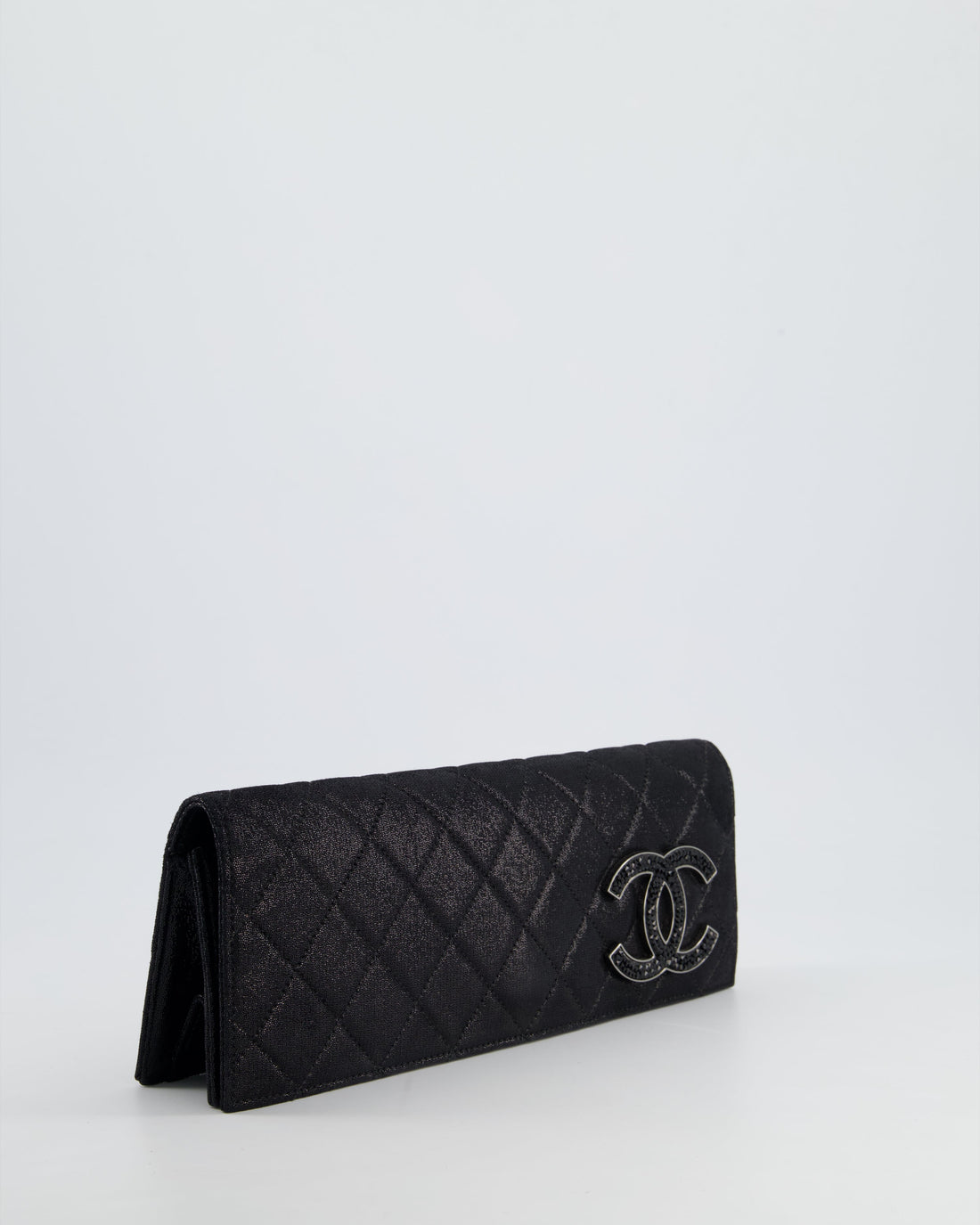 *HOT* Chanel Black Shiny Quilted Long Clutch in Coated CalBNkin with Silver Hardware and Crystal CC Detail