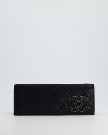 *HOT* Pearl Street Bags Chanel Black Shiny Quilted Long Clutch in Coated Calfskin with Silver Hardware and Crystal CC Detail