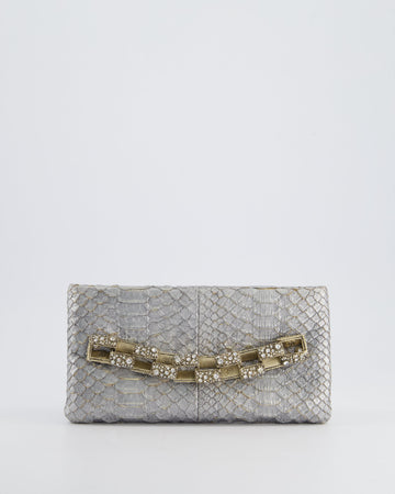 *RARE* Pearl Street Bags Chanel Metallic Silver Paris Bombay Clutch in Python Leather and Antique Gold Hardware with Embellished Crystals