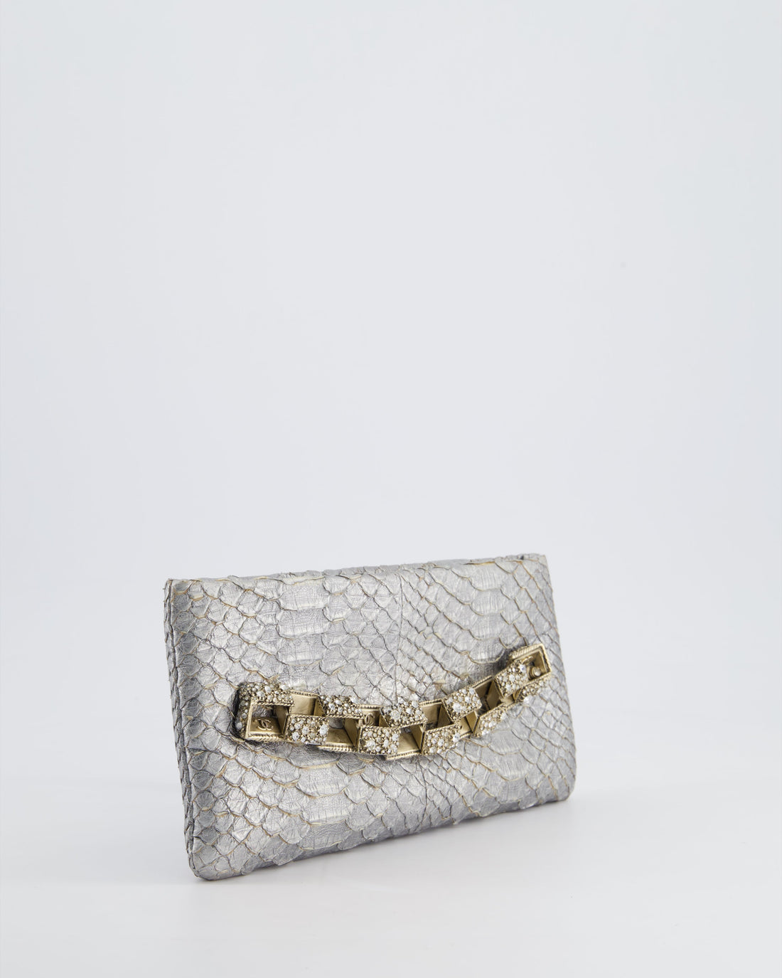 *RARE* Pearl Street Bags Chanel Metallic Silver Paris Bombay Clutch in Python Leather and Antique Gold Hardware with Embellished Crystals