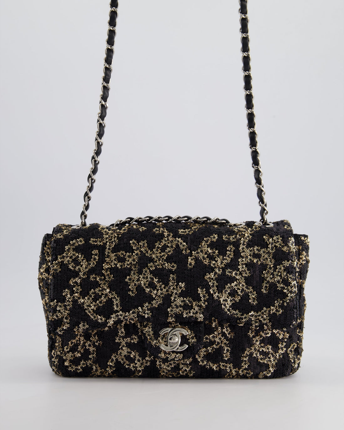 Pearl Street Bags Chanel Black, Gold Sequin CC Logo Medium Flap Bag with Silver Hardware