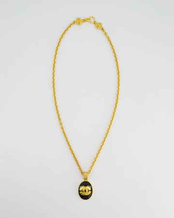 Chanel 96A  Gold and Black Pendant Necklace With CC Detail