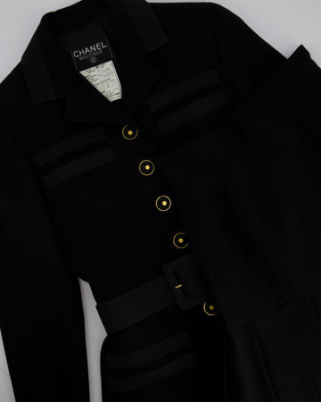 Pearl Street Bags Chanel Black Wool Blazer Jacket and Pleated Mini Skirt Set With Belt and CC Logo Detail Buttons Size FR 38 (UK 10)
