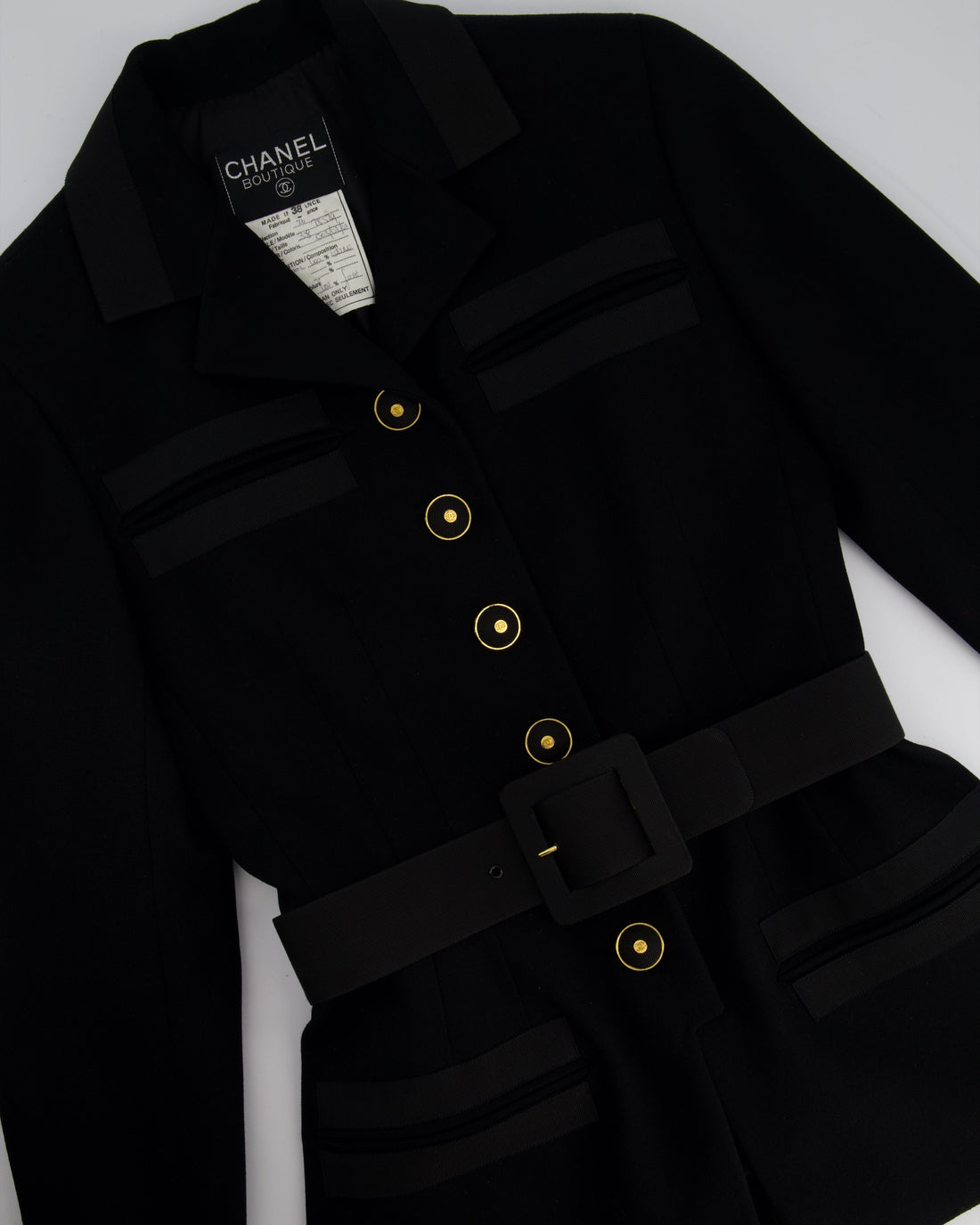 Pearl Street Bags Chanel Black Wool Blazer Jacket and Pleated Mini Skirt Set With Belt and CC Logo Detail Buttons Size FR 38 (UK 10)
