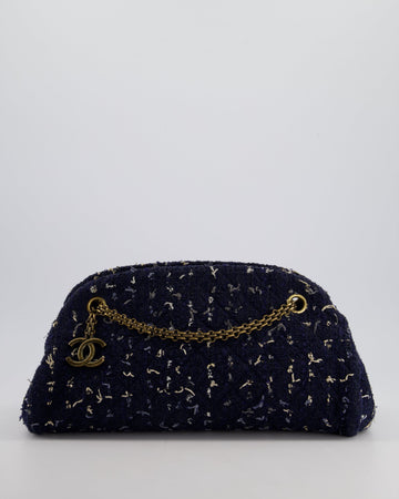 Chanel Navy Blue & White Tweed Mademoiselle Shoulder Bag With Antique Gold Hardware