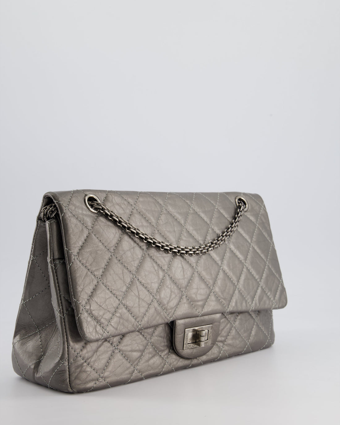 Chanel 2.55 Jumbo Reissue Bag in Metallic Grey Crumpled CalBNkin Leather With Gunmetal Hardware