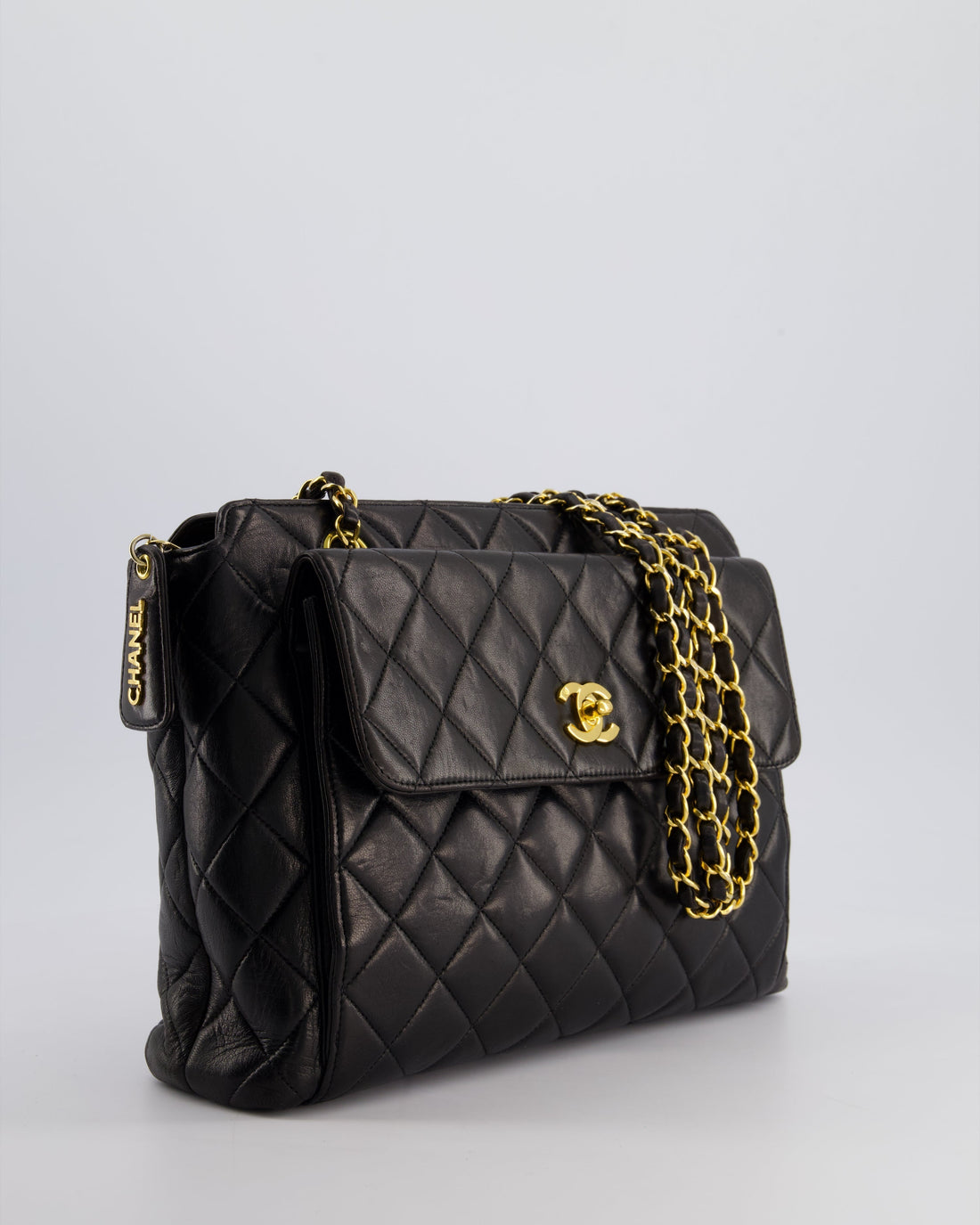 Chanel  Black Quilted CC Front Flap Logo Bag with Chain and Zip in Lambskin Leather with 24K Gold Hardware