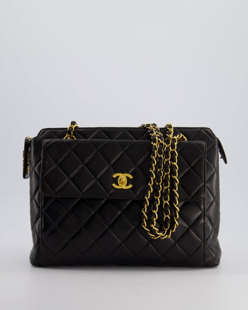 Chanel  Black Quilted CC Front Flap Logo Bag with Chain and Zip in Lambskin Leather with 24K Gold Hardware