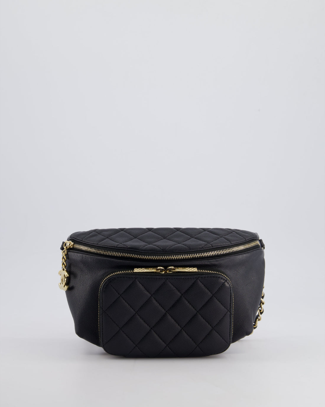 Chanel Black Quilted Business Affinity Bum Bag in Caviar Leather with Champagne Gold Hardware and Logo Zip