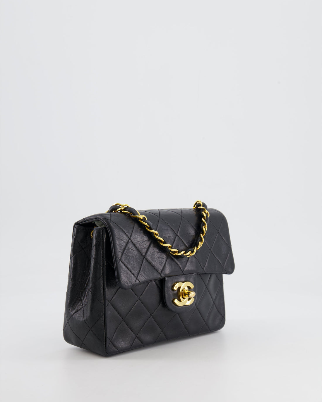 Chanel  Black Mini Square Single Flap Bag in Lambskin Leather with 24K Gold Hardware