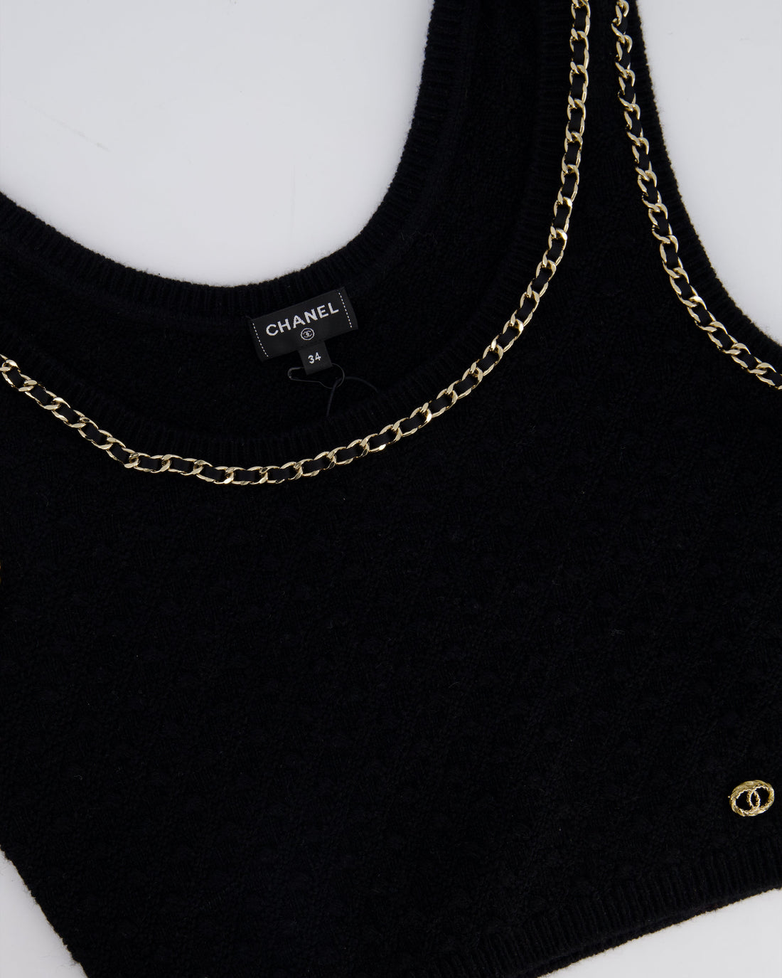 Chanel 23B Black Cashmere Knit Tank Top with Gold Chain and Logo Detail Size FR 34 (UK 6) RRP ¬£2150