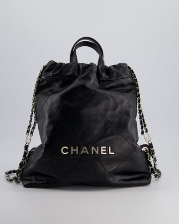 *FIRE PRICE* Pearl Street Bags Chanel 22 Small Backpack Bag in Black Shiny Calfskin with Brushed Silver Hardware