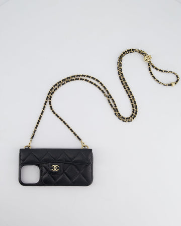 Pearl Street Bags Chanel Black Caviar Cross-Body Phone Case with Champagne Gold Hardware For iPhone 15 Pro Max