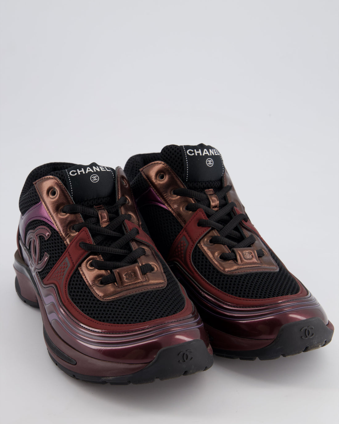 Chanel  Burgundy & Black Leather Sneakers With CC Logo Detail Size EU 41.5
