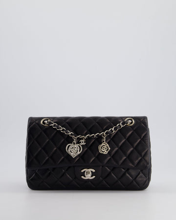 Pearl Street Bags Chanel Black Medium Single Flap Bag with Camelia Crystal Charm Detail Lambskin Leather Silver Hardware