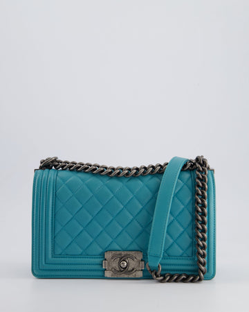 *FIRE PRICE* Pearl Street Bags Chanel Teal Medium Boy Bag in Lambskin Leather with Ruthenium Hardware