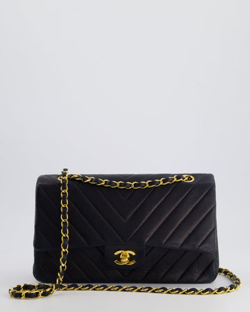 Pearl Street Bags Chanel Navy  Classic Medium Chevron Double Flap Bag in Lambskin Leather with 24K Gold Hardware