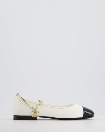 *HOT* Pearl Street Bags Chanel White Ballerina Shoes In Leather with CC Charm Ankle Strap & Black Patent Leather Toe Detail Size EU 34.5