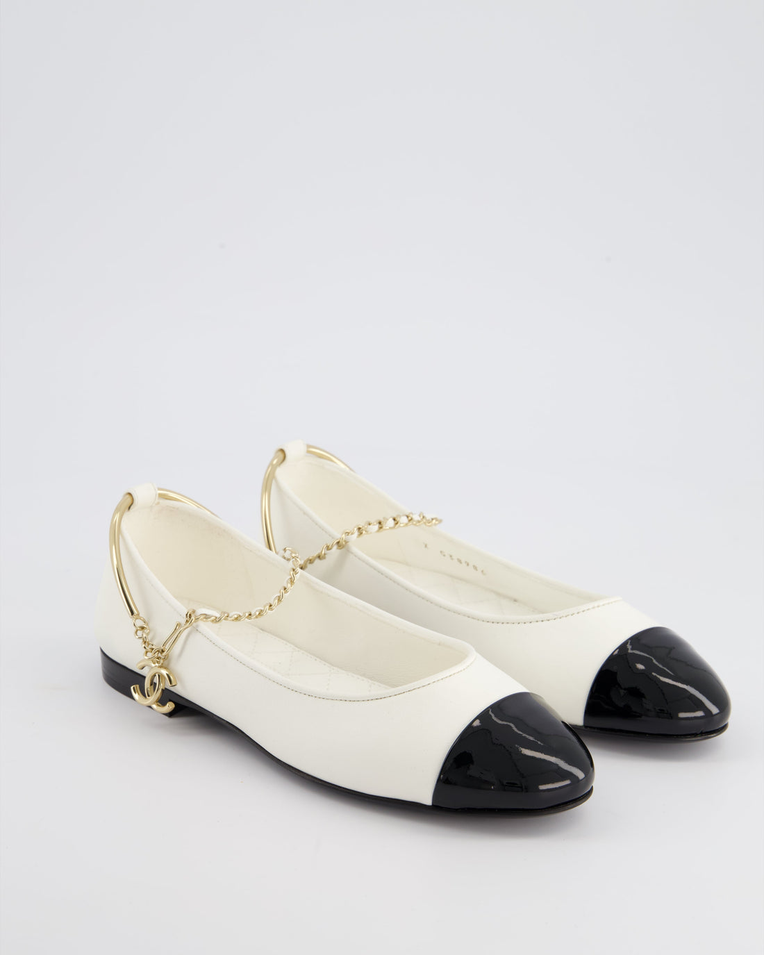 *HOT* Pearl Street Bags Chanel White Ballerina Shoes In Leather with CC Charm Ankle Strap & Black Patent Leather Toe Detail Size EU 34.5