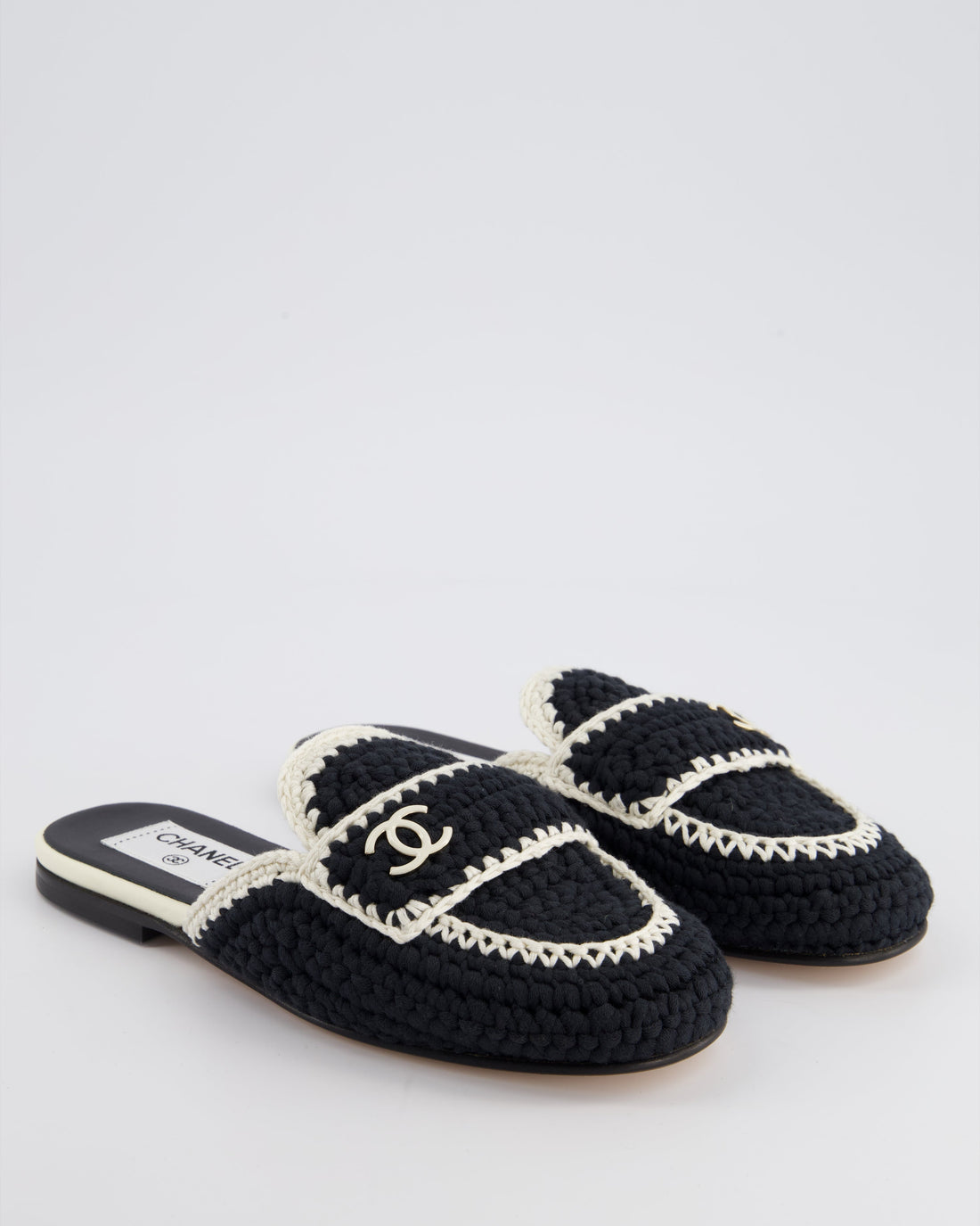 Pearl Street Bags Chanel 23S Navy & Cream Crochet Mules with Patent CC Logo Detail Size EU 35