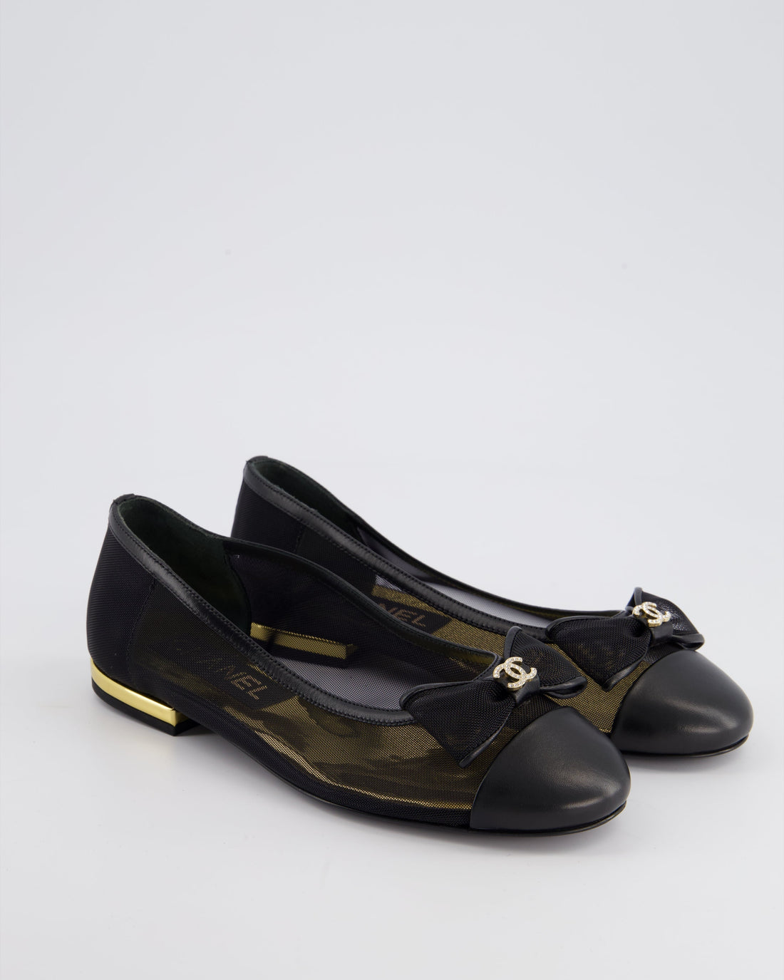 *HOT* Top Quality Chanel Black Ballerina Shoes in Mesh & Leather with Crystal CC Logo Size EU 35