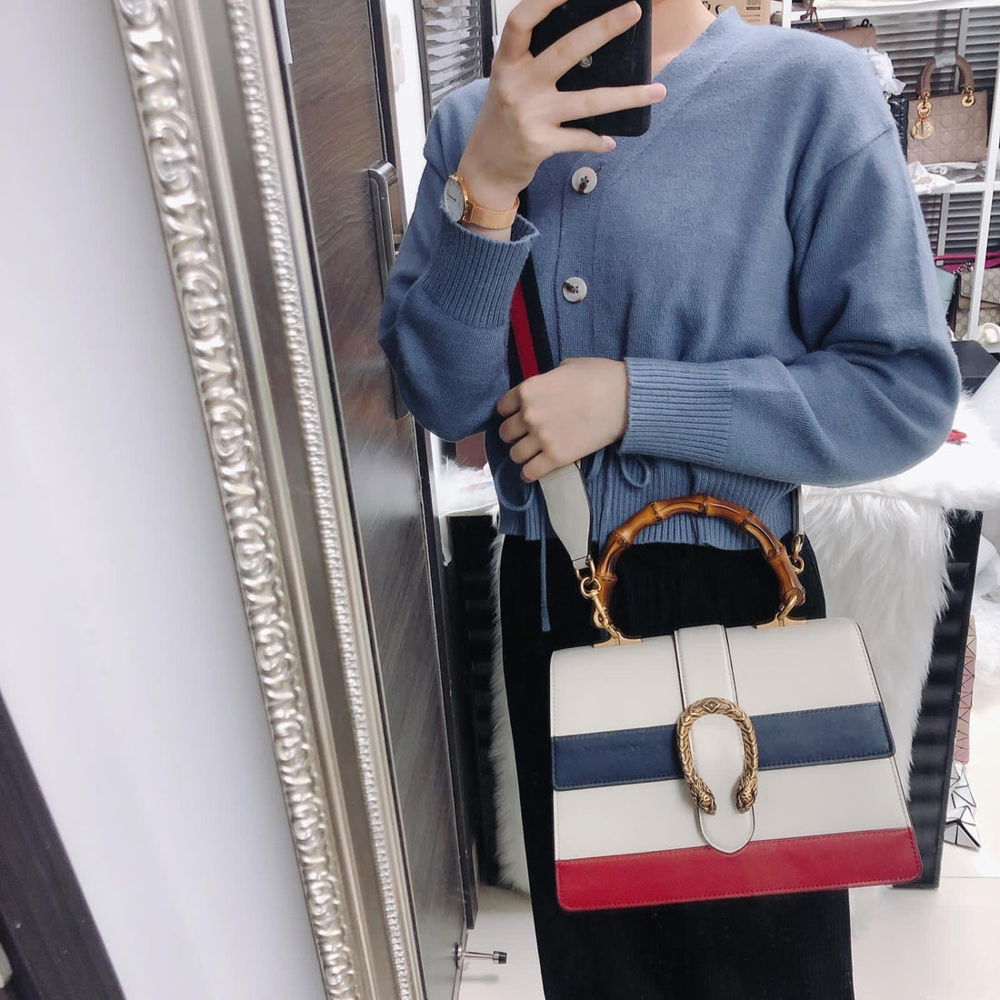 Gucci CalBNkin Medium Dionysus Bamboo Handle Bag White Blue Red