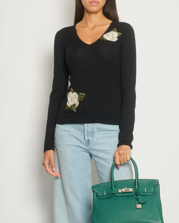 Pearl Street Bags Chanel Black Cashmere V-Neck Jumper with Embellished Flowers FR 38 (UK 10)