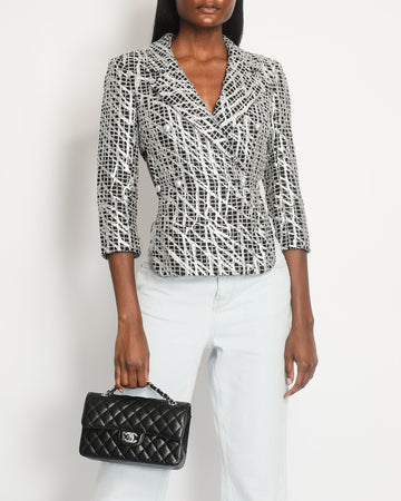 Pearl Street Bags Chanel Black & White Checked Tweed Backless Jacket with Silver Screen Print and Pearl Belt at the Back Size FR 34 (UK 4)