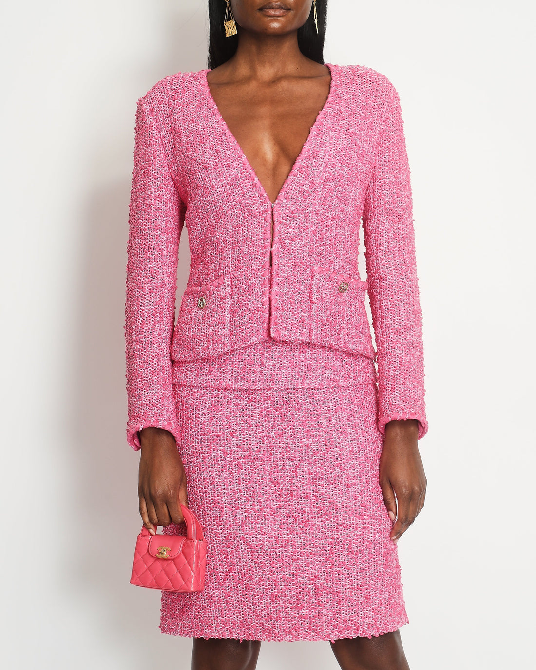 *HOT* Pearl Street Bags Chanel 21C Pink Tweed Jacket and Skirt Set with CC Logo Buttons Size FR 42 (UK 14)