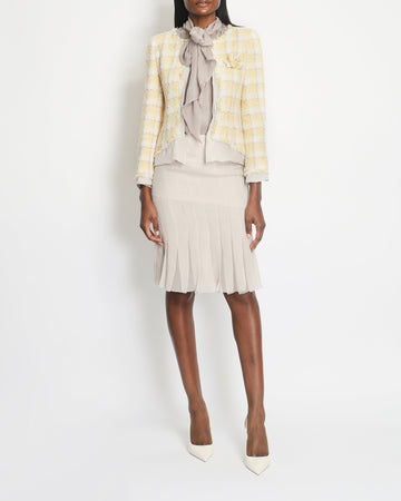 Pearl Street Bags Chanel 04C Yellow and White Tweed Jacket and Grey Silk Shorts Set with Camelia Tweed Pin Detail Size FR 36 (UK 8)