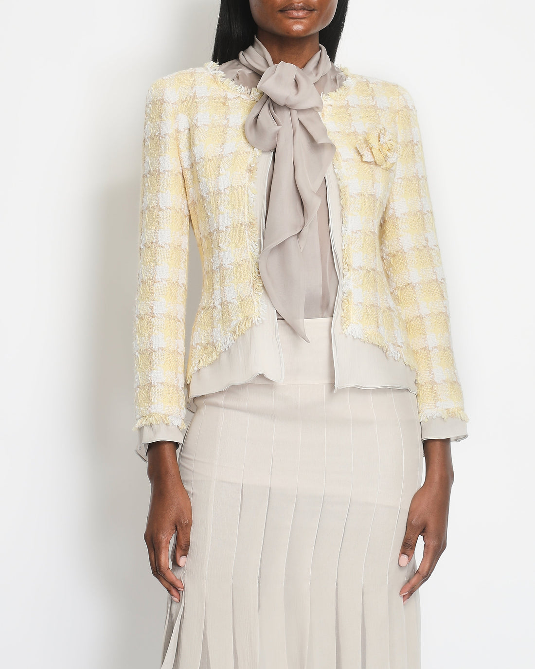 Pearl Street Bags Chanel 04C Yellow and White Tweed Jacket and Grey Silk Shorts Set with Camelia Tweed Pin Detail Size FR 36 (UK 8)