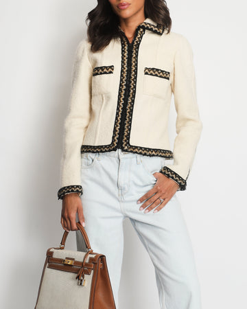 Pearl Street Bags Chanel Cream Tweed Jacket with Brown, White ZigZag Trim Detail Size FR 38 (UK 10)