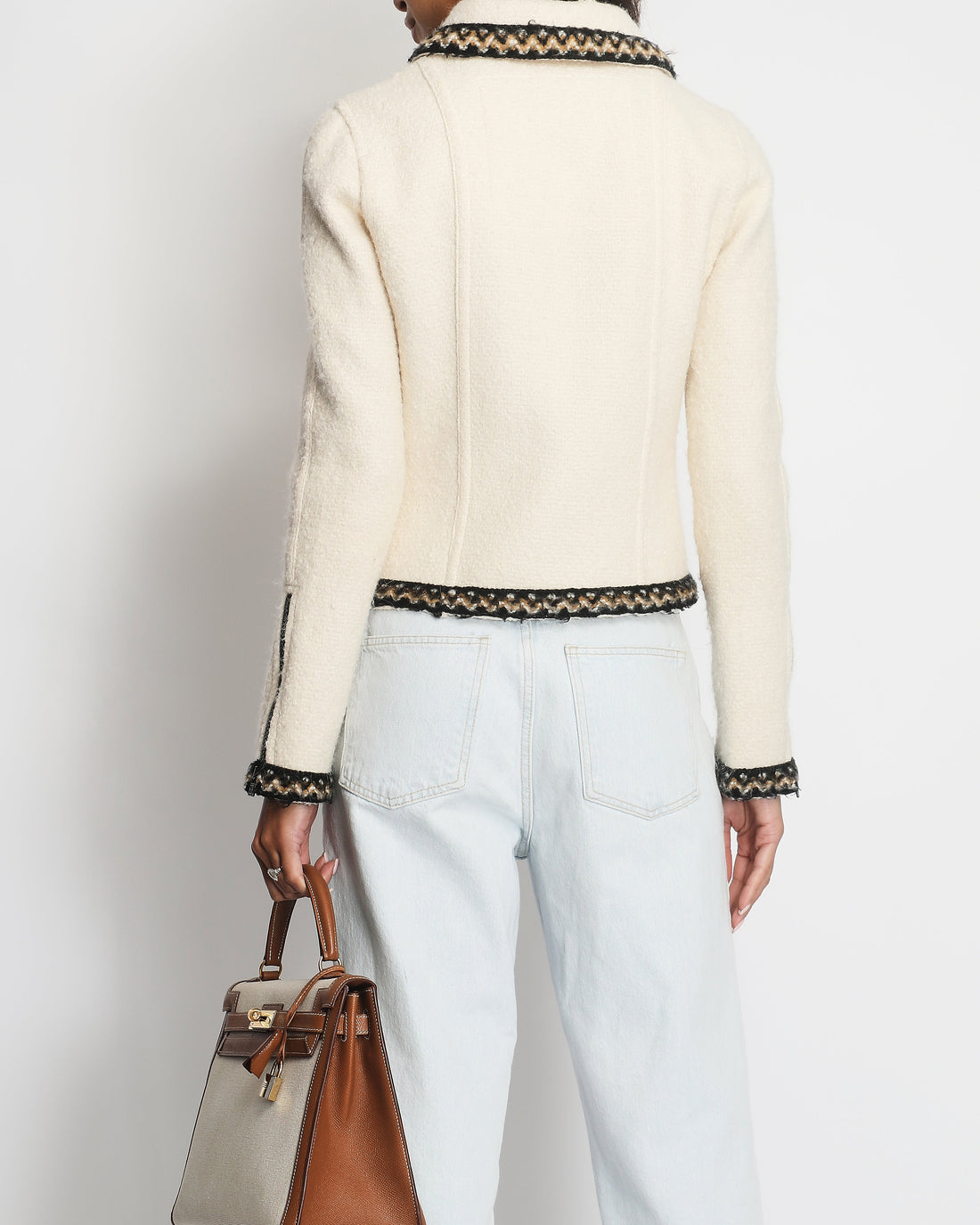Pearl Street Bags Chanel Cream Tweed Jacket with Brown, White ZigZag Trim Detail Size FR 38 (UK 10)