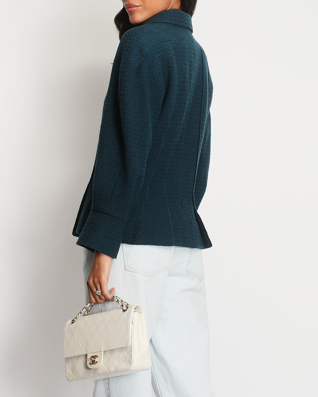 Pearl Street Bags Chanel Teal Tweed Jacket with Silver Button Detail Size FR 40 (UK 12)