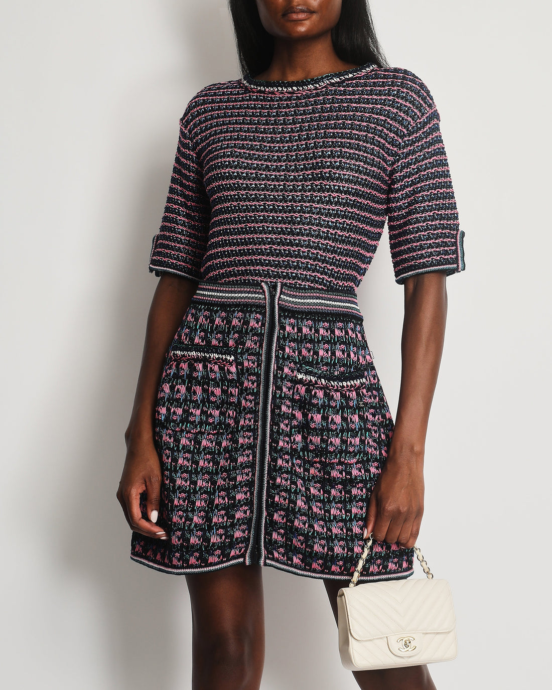 Pearl Street Bags Chanel Black, Pink and Green Tweed Top and Mini Skirt Set with Metallic Fibres Size FR  38 (UK 10)