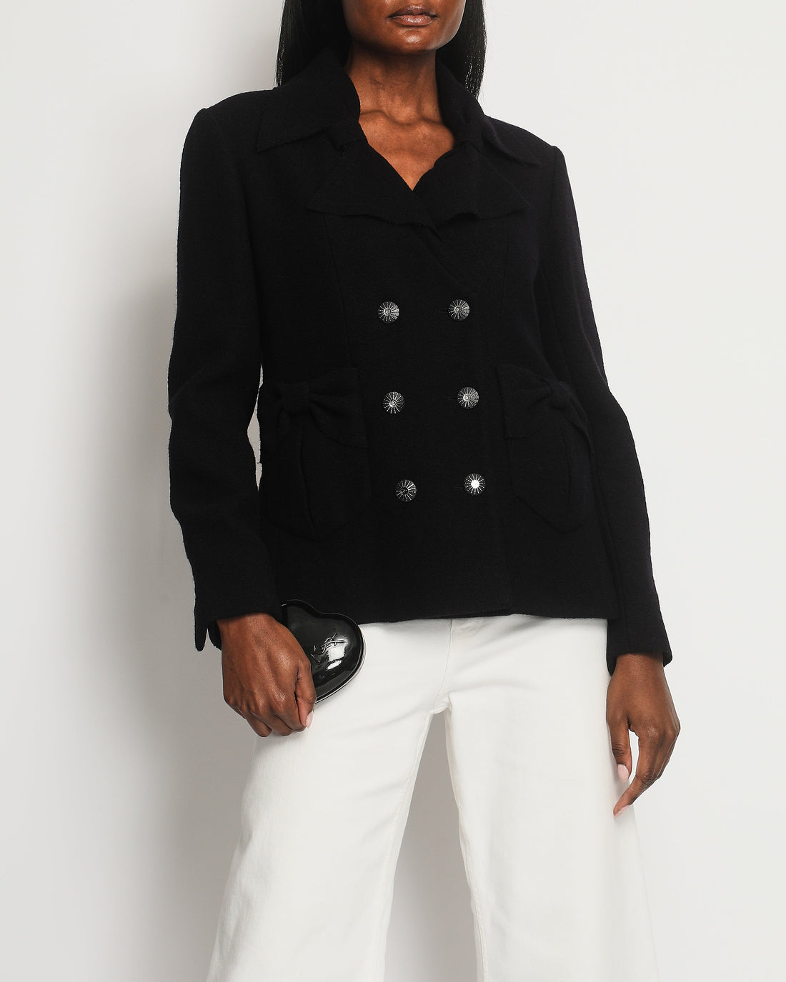Pearl Street Bags Chanel Navy Tweed Long Sleeve Tweed Jacket with Bows Pocket Detail Size FR 42 (UK 14)
