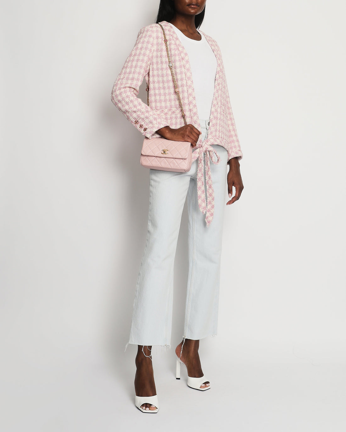 Pearl Street Bags Chanel Cream and Pink Houndstooth Tweed Jacket with Tie Waist Size FR 40 (UK 12)