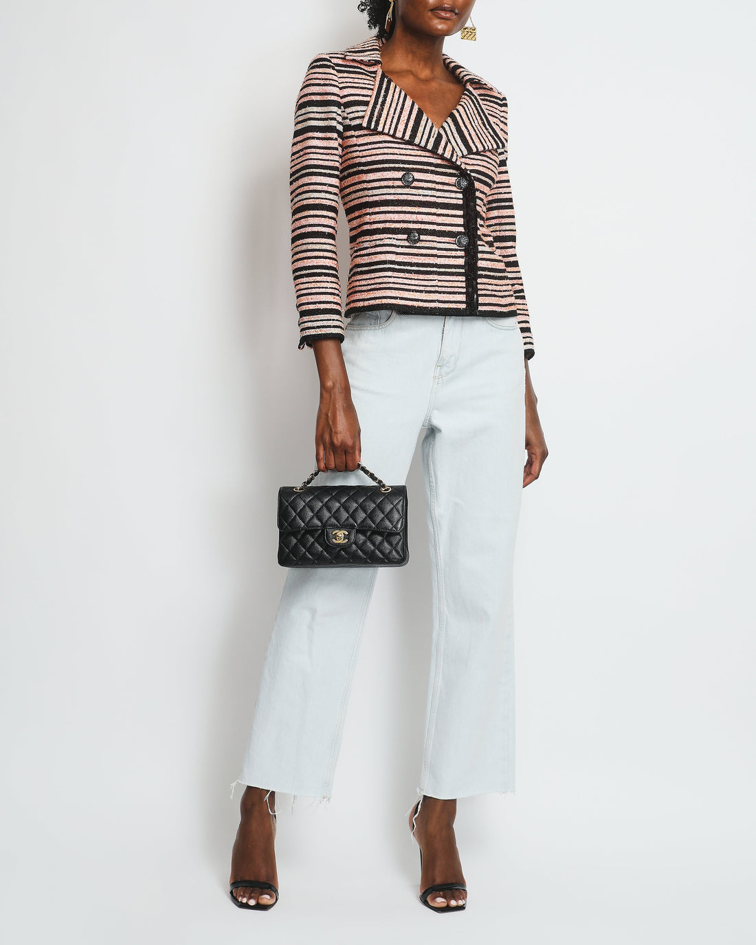 Pearl Street Bags Chanel Peach Black Stripe Tweed with Sequin Details SS 2020 Collection Jacket Size 36 (UK 8) - RRP ¬£8,000