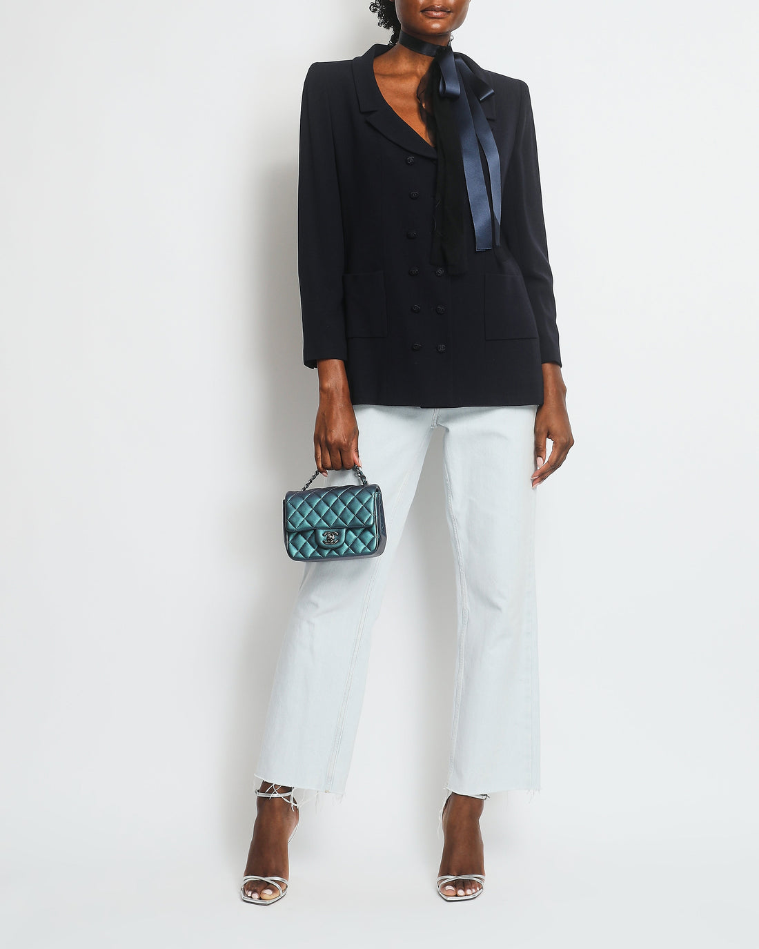 Pearl Street Bags Chanel 98P  Navy Jacket with CC Logo Button Detail and Silk Bow Detail Size FR 38 (UK 10)