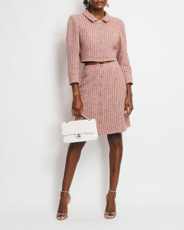 Pearl Street Bags Chanel Blush Pink Tweed Cropped Jacket & Midi Skirt Suit with Gold CC Logo Buttons Size FR 40 (UK 12)