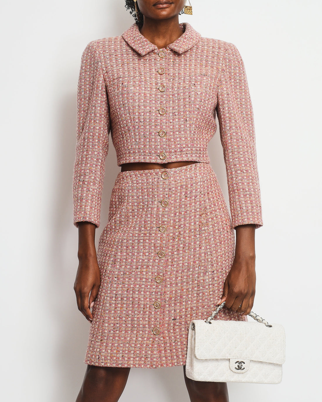 Pearl Street Bags Chanel Blush Pink Tweed Cropped Jacket & Midi Skirt Suit with Gold CC Logo Buttons Size FR 40 (UK 12)