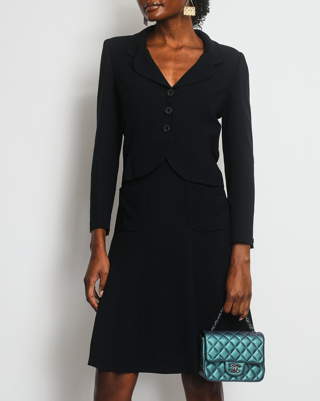Pearl Street Bags Chanel Dark Navy 02C Jacket with Black Embellished Button and Skirt with Pocket Detail Set FR 36 (UK 8)