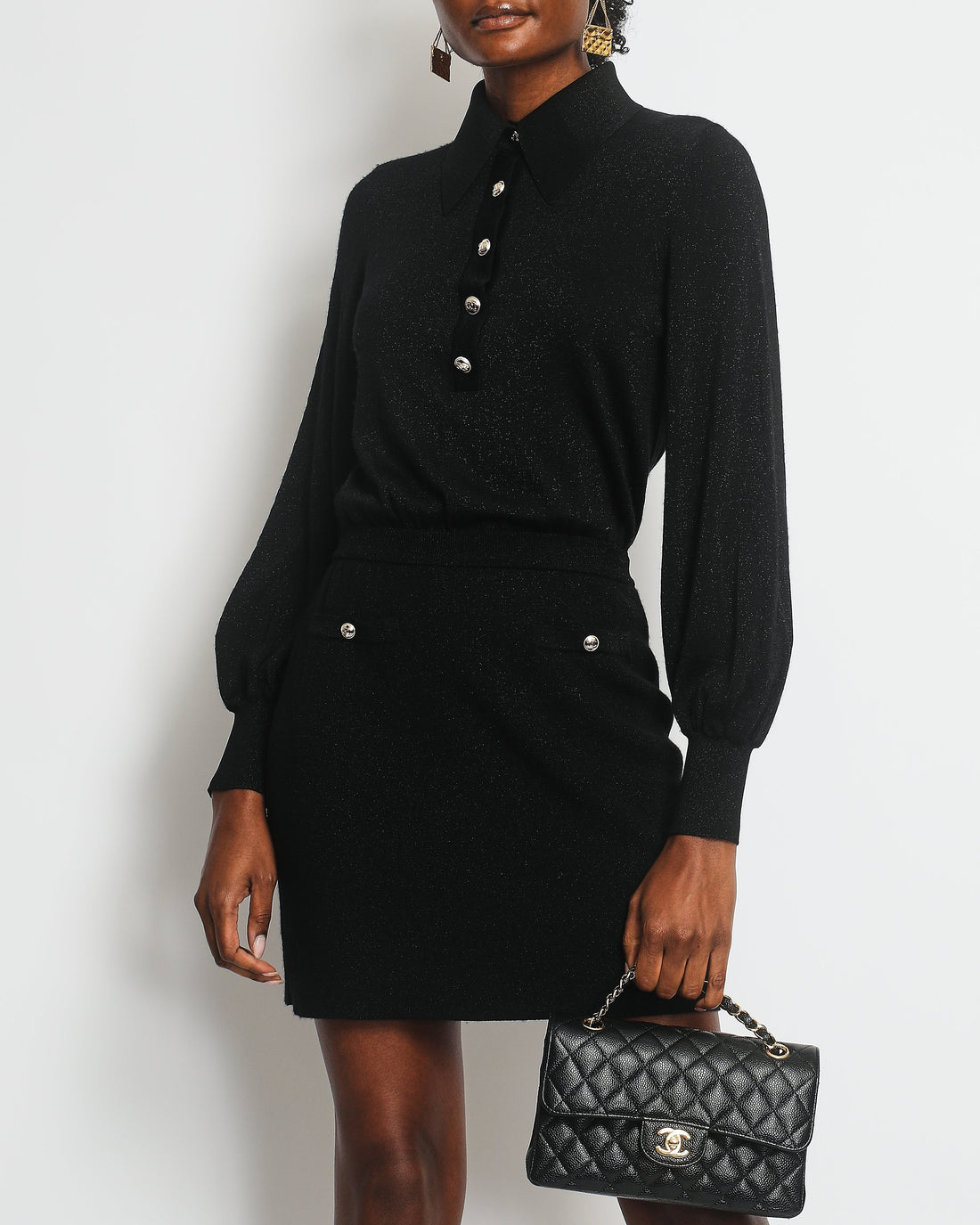 Pearl Street Bags Chanel 20K Black Long Sleeve Metallic Dress with Gold Buttons RRP ¬£3,000 SIZE 34 (UK 6)