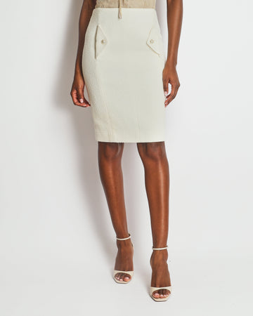 Pearl Street Bags Chanel 20S Cream Tweed Midi Skirt with Pearl CC Logo Details and Pockets Size FR 34 (UK 6)