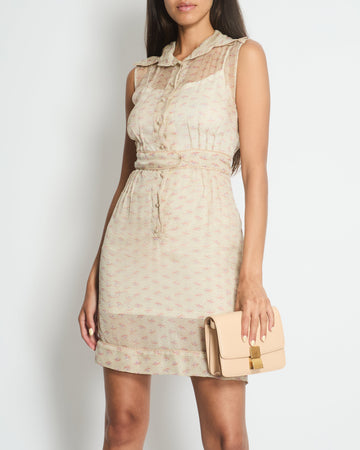 Pearl Street Bags Chanel Beige Printed Sheer Shirt Dress with Pearl CC Buttons Size FR 38 ( UK 10)