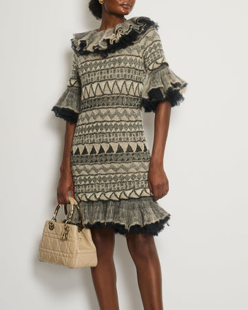 Pearl Street Bags Chanel 2009 Paris-Moscow Black, Grey, Beige Wool and Mohair Mini Ruffle Dress Size FR 38 (UK 10) RRP ¬£3,650