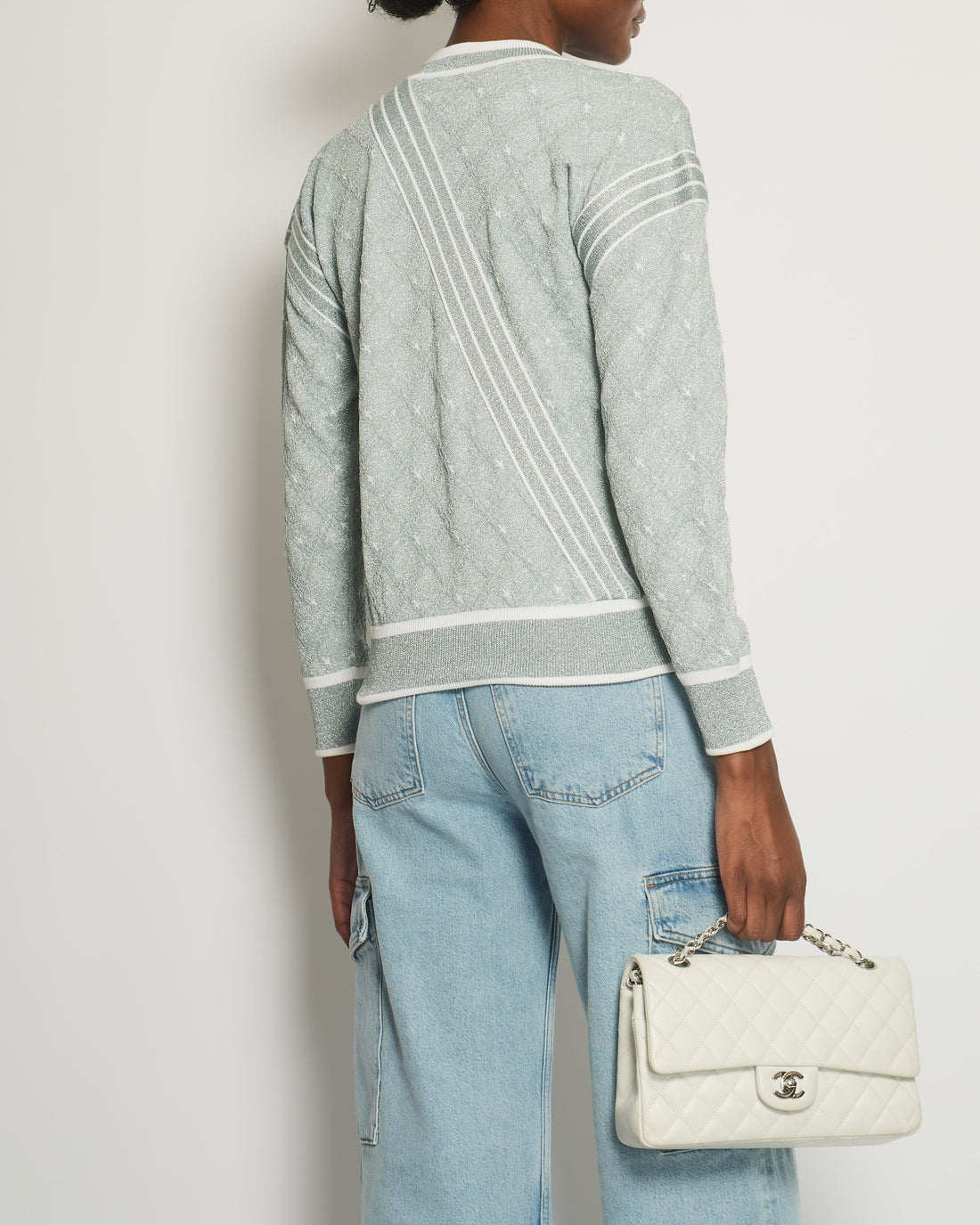 *HOT COLLECTION* Pearl Street Bags Chanel Spring / Summer 2016 Grey Metallic Airline Collection Jumper with Zip and Plane Details Size FR 36 (UK 8) RRP ¬£2,400